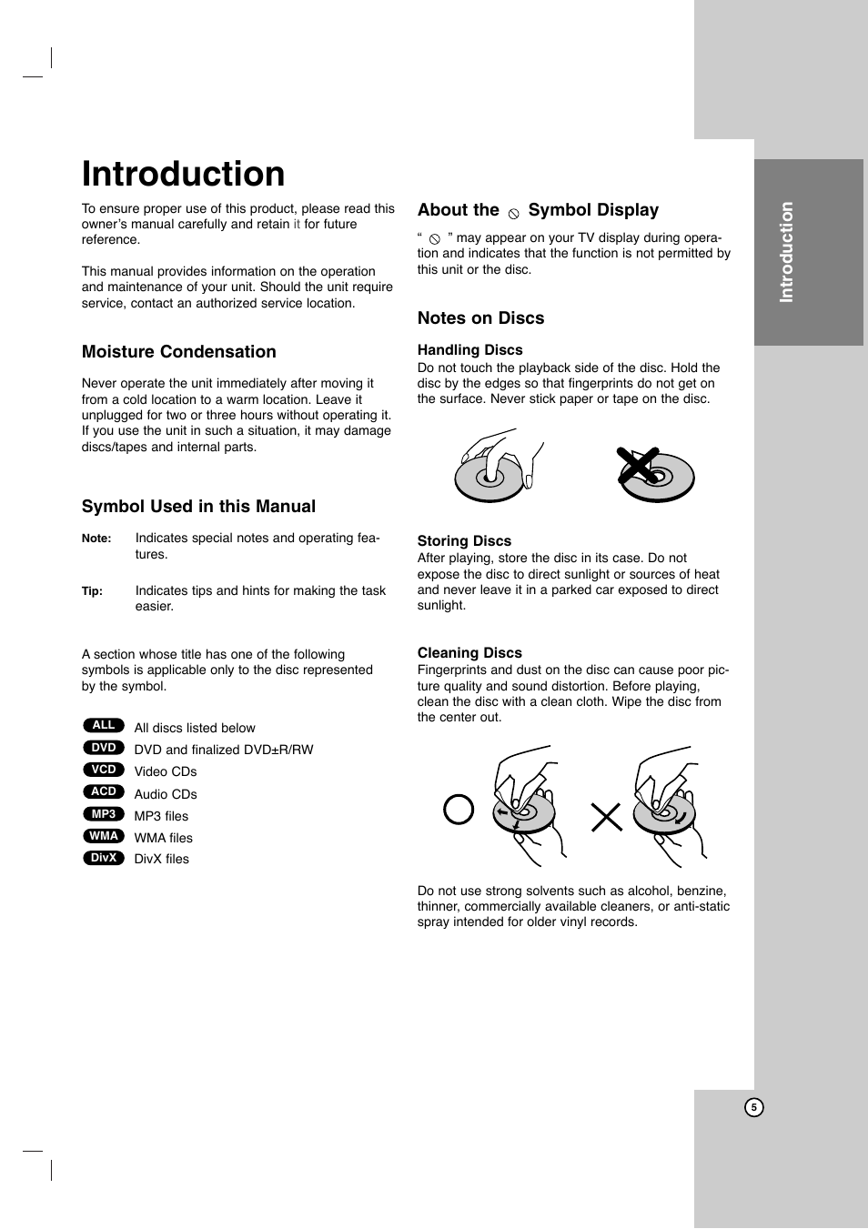 Introduction, Moisture condensation, Symbol used in this manual | About the symbol display | JVC HR-XVC41S User Manual | Page 5 / 37