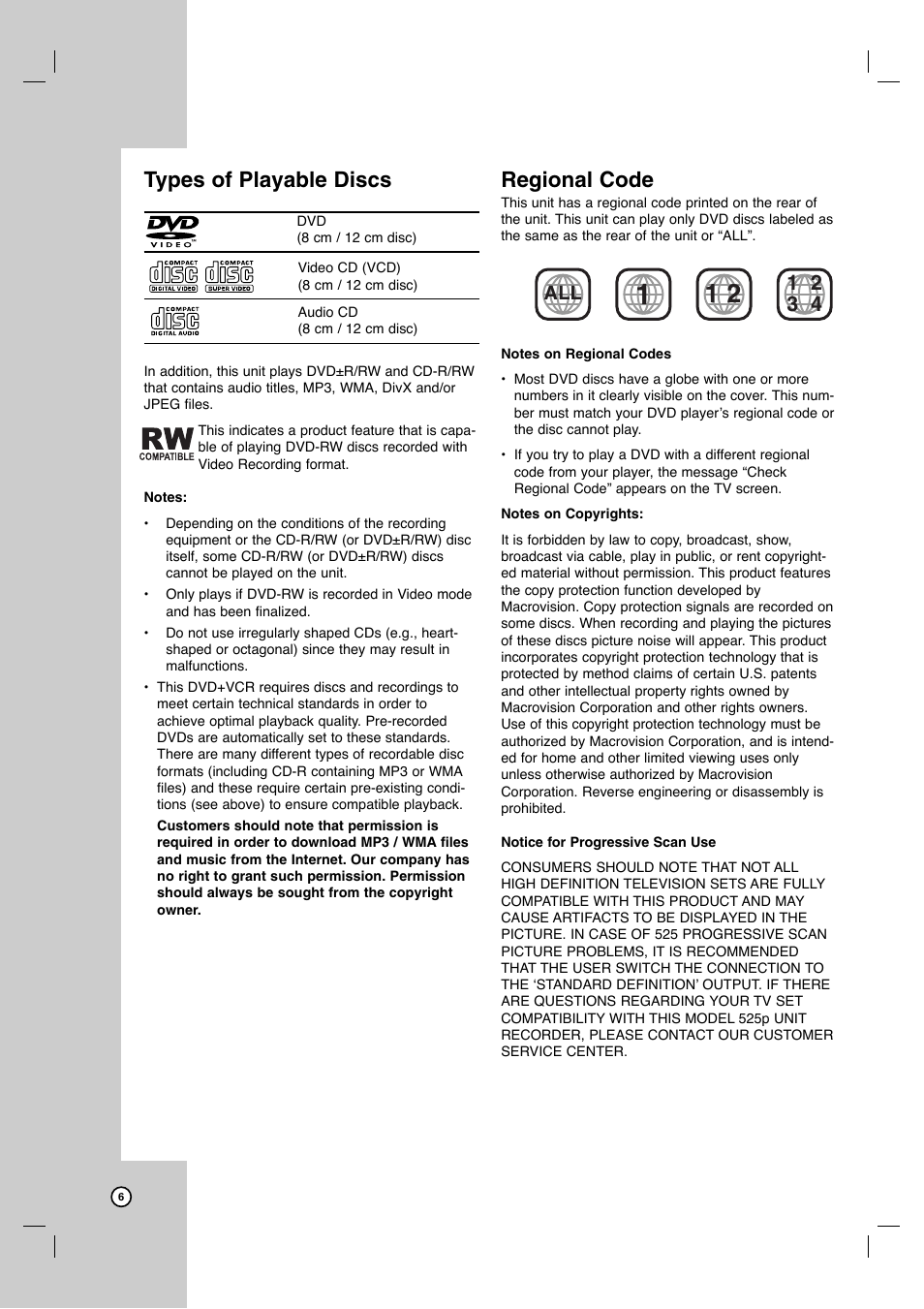 Types of playable discs, Regional code | JVC HR-XVC41S User Manual | Page 6 / 37