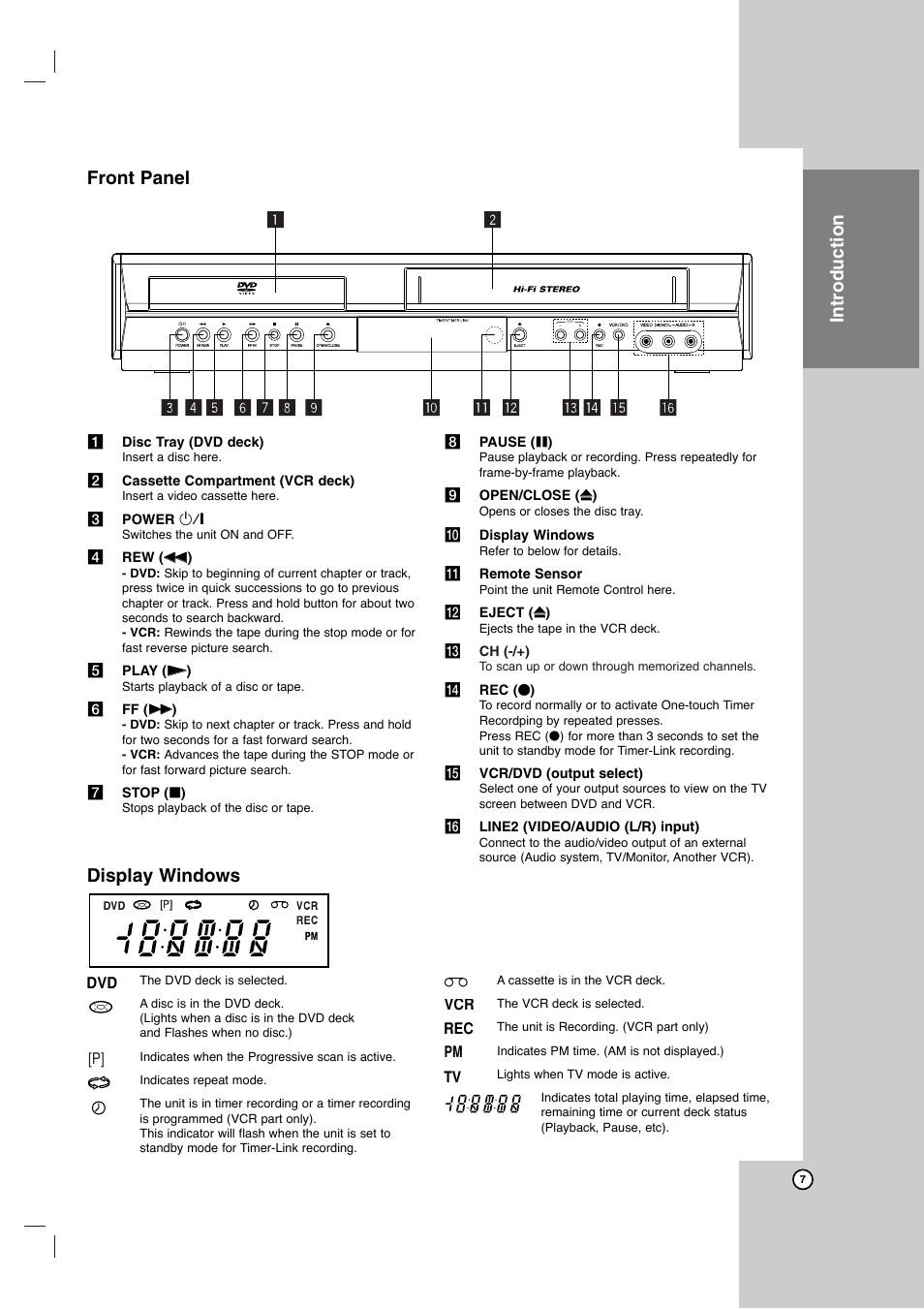 Introduction, Front panel display windows | JVC HR-XVC41S User Manual | Page 7 / 37