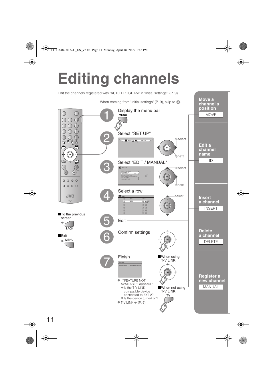 Editing channels, Select a row edit move a channel's position, Edit a channel name | Insert a channel, Delete a channel, Register a new channel | JVC DYNAPIX LT-32S60BU User Manual | Page 12 / 35