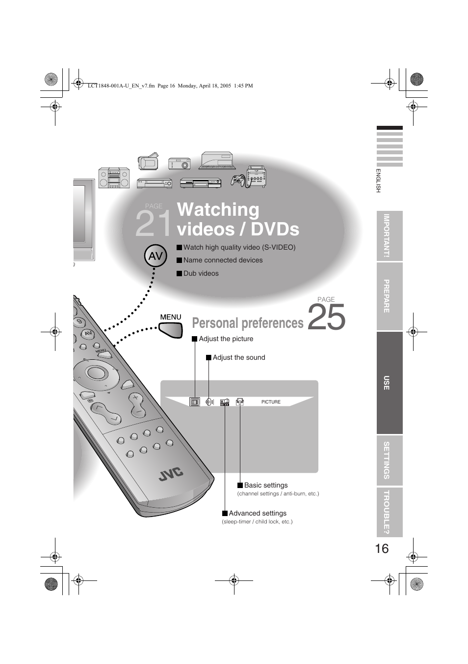 Watching videos / dvds, Personal preferences | JVC DYNAPIX LT-32S60BU User Manual | Page 17 / 35