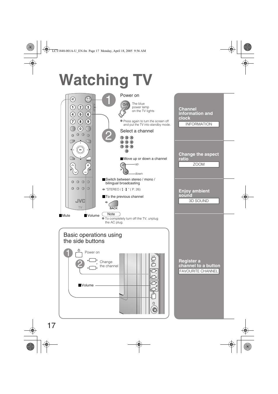 Watching tv, Basic operations using the side buttons | JVC DYNAPIX LT-32S60BU User Manual | Page 18 / 35