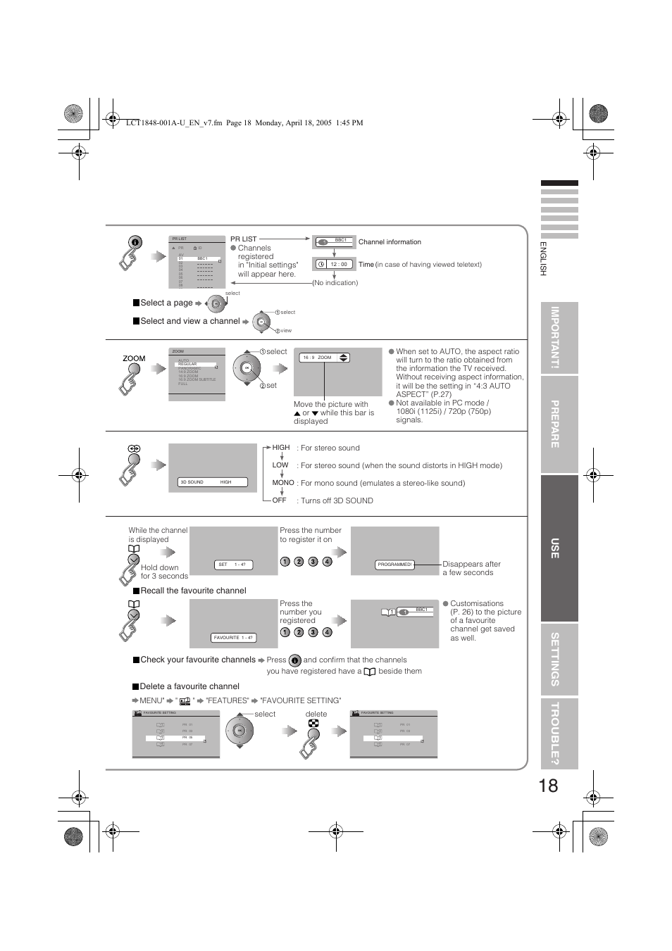 Impor t ant! prep are use settings tr ouble, Select a page, Select and view a channel | Delete a favourite channel | JVC DYNAPIX LT-32S60BU User Manual | Page 19 / 35