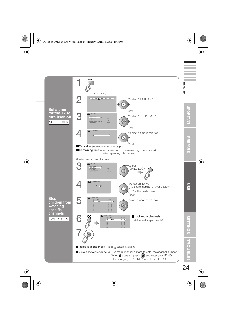 Set a time for the tv to turn itself off, Stop children from watching speciﬁ c channels, Impor t ant! prep are use settings tr ouble | JVC DYNAPIX LT-32S60BU User Manual | Page 25 / 35