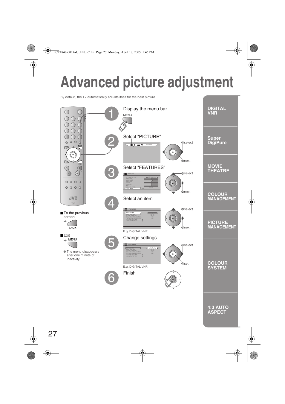 Advanced picture adjustment, Select "picture, Finish | JVC DYNAPIX LT-32S60BU User Manual | Page 28 / 35