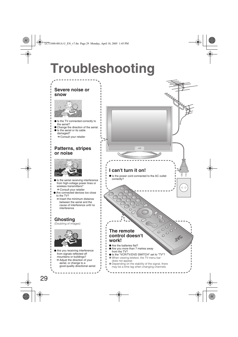 Troubleshooting, Severe noise or snow, Ghosting | JVC DYNAPIX LT-32S60BU User Manual | Page 30 / 35