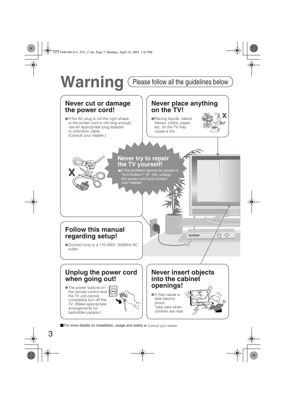 Warning, Please follow all the guidelines below | JVC DYNAPIX LT-32S60BU User Manual | Page 4 / 35