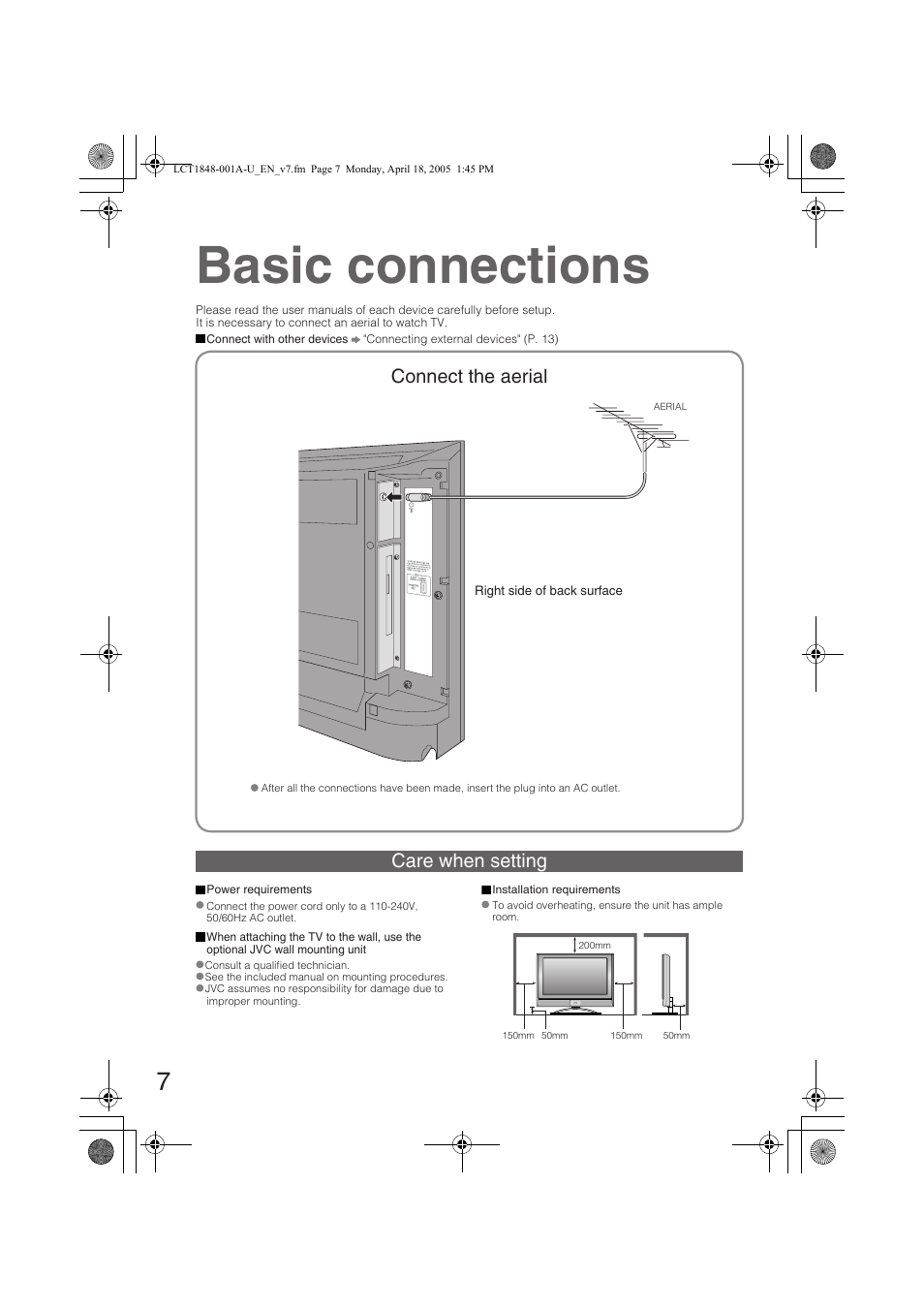 Basic connections, Care when setting connect the aerial | JVC DYNAPIX LT-32S60BU User Manual | Page 8 / 35