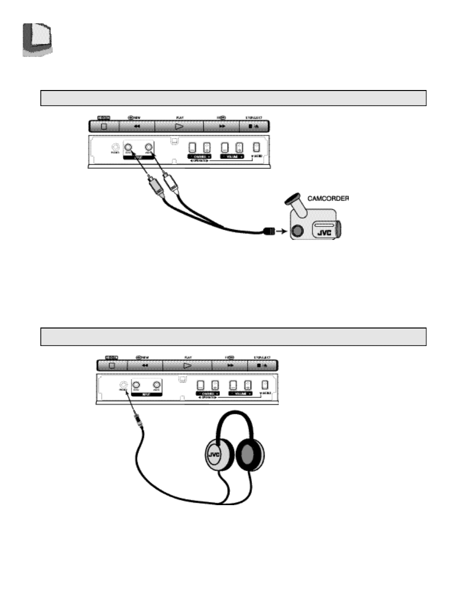 Connecting to a camcorder, Connecting to headphones/earphones | JVC TV 20240 User Manual | Page 8 / 36