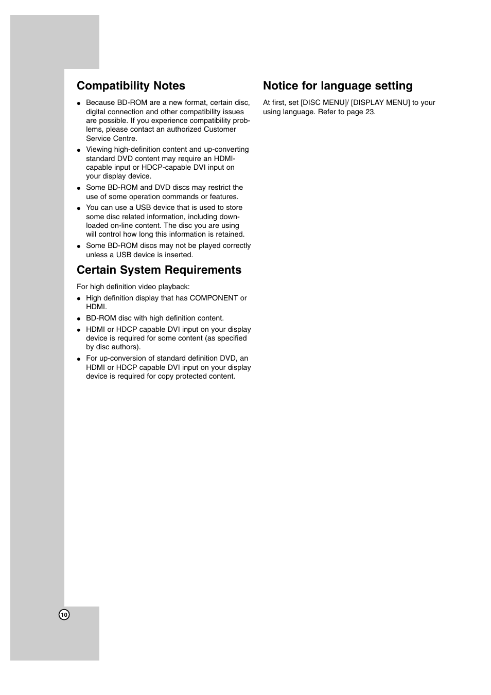 Compatibility notes, Certain system requirements, Notice for language setting | JVC SP-THBD50W User Manual | Page 10 / 48