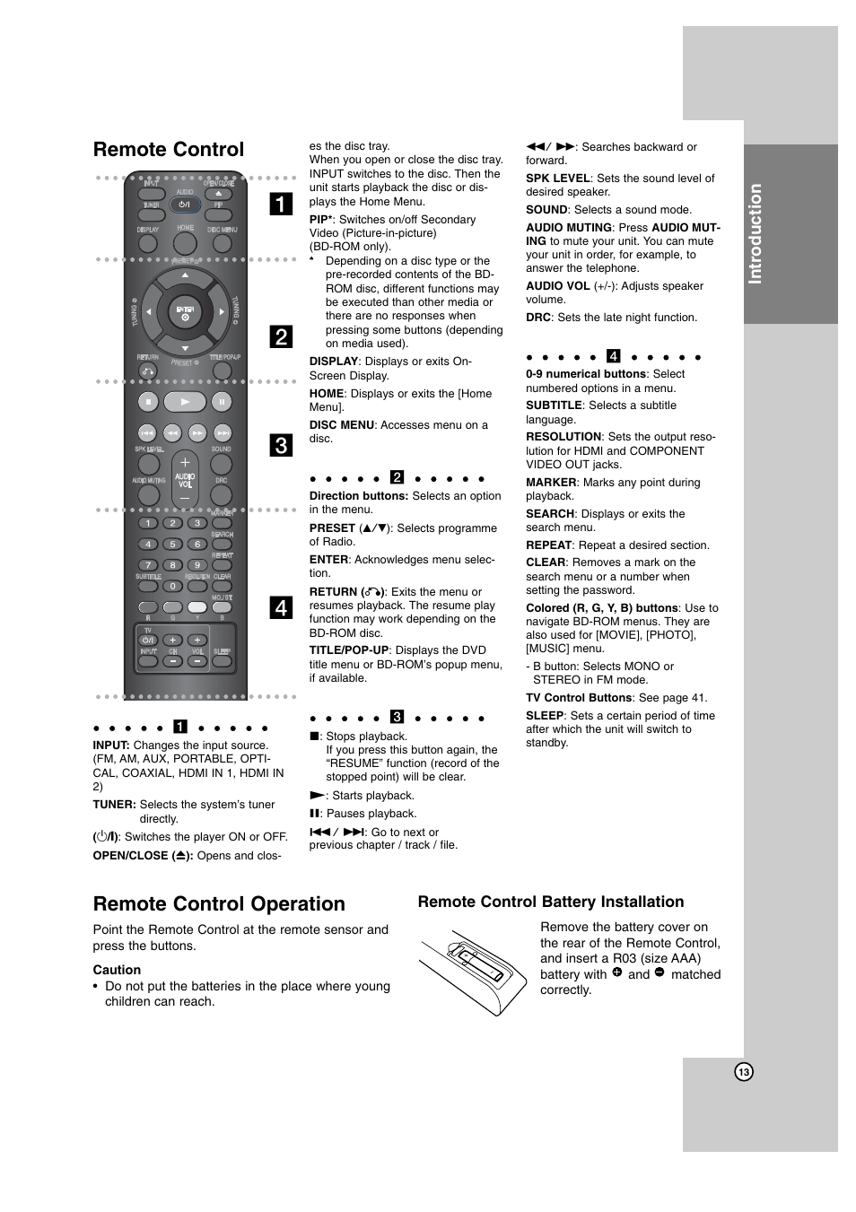 Remote control, Remote control operation, Ab c d | Introduction, Remote control battery installation | JVC SP-THBD50W User Manual | Page 13 / 48