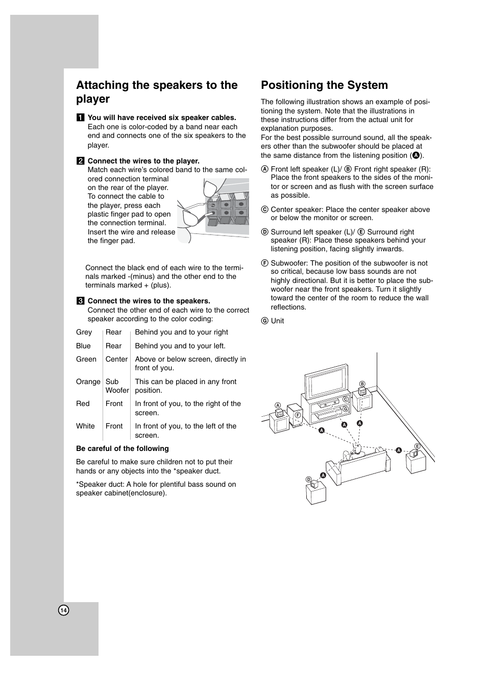 Attaching the speakers to the player, Positioning the system | JVC SP-THBD50W User Manual | Page 14 / 48
