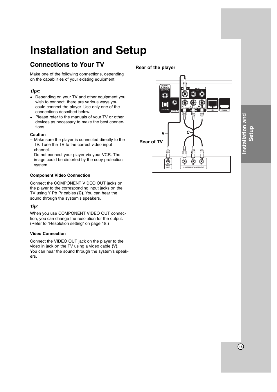 Installation and setup, Connections to your tv | JVC SP-THBD50W User Manual | Page 15 / 48