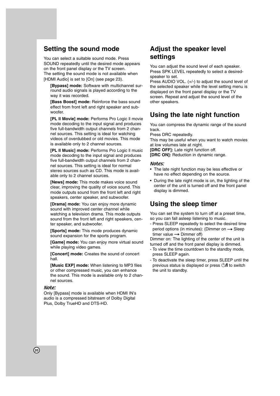 Setting the sound mode, Adjust the speaker level settings, Using the late night function | Using the sleep timer | JVC SP-THBD50W User Manual | Page 20 / 48