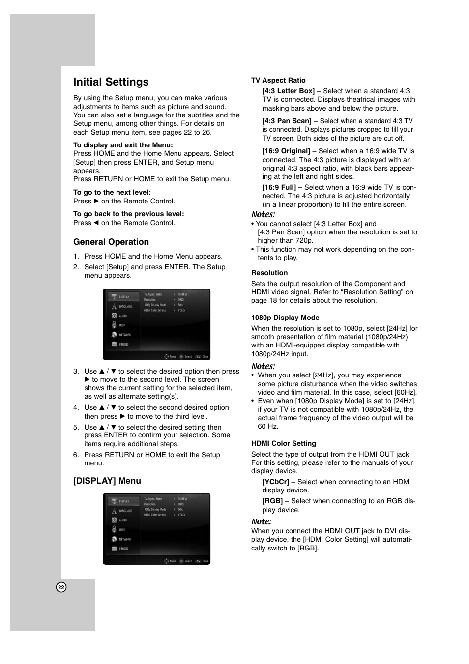 Initial settings, General operation, Display] menu | JVC SP-THBD50W User Manual | Page 22 / 48