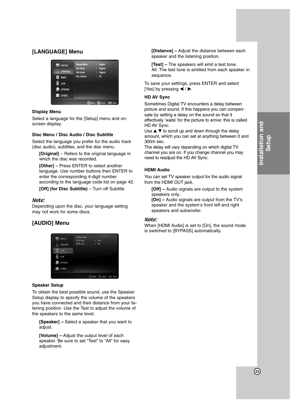 Language] menu, Audio] menu, Installation and setup | JVC SP-THBD50W User Manual | Page 23 / 48