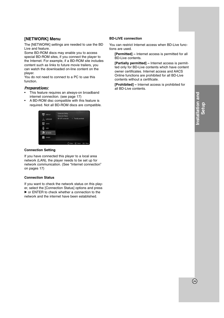 Network] menu, Installation and setup | JVC SP-THBD50W User Manual | Page 25 / 48