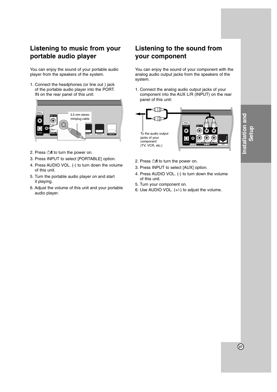 Listening to music from your portable audio player, Listening to the sound from your component, Installation and setup | JVC SP-THBD50W User Manual | Page 27 / 48