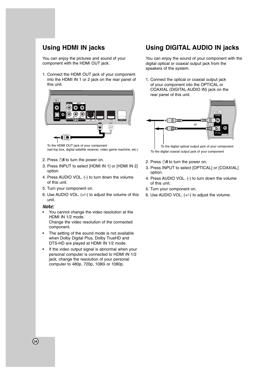 Using hdmi in jacks, Using digital audio in jacks | JVC SP-THBD50W User Manual | Page 28 / 48
