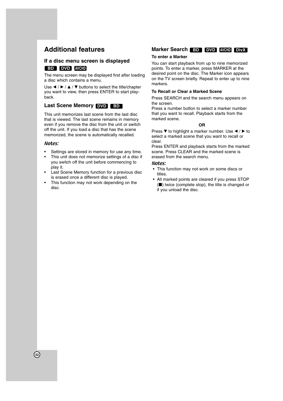 Additional features, If a disc menu screen is displayed, Last scene memory | Marker search | JVC SP-THBD50W User Manual | Page 32 / 48