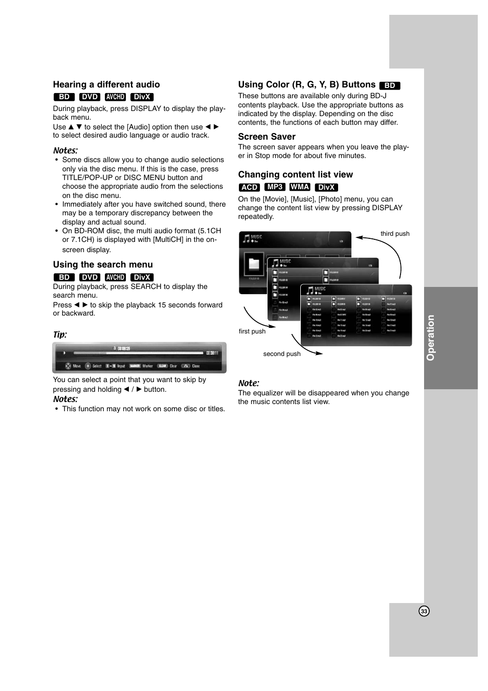 Hearing a different audio, Using the search menu, Using color (r, g, y, b) buttons | Screen saver, Changing content list view, Operation | JVC SP-THBD50W User Manual | Page 33 / 48