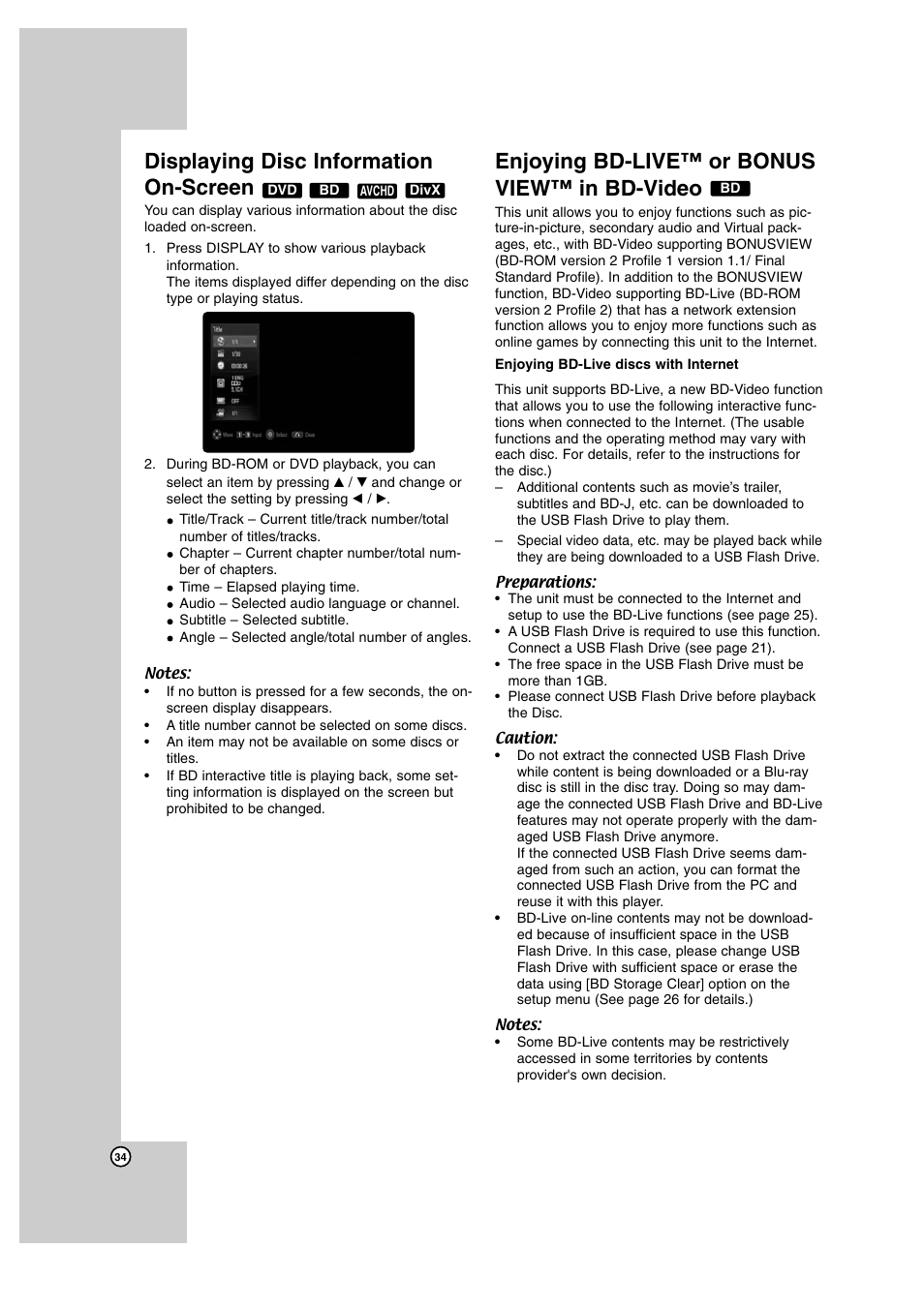 Displaying disc information on-screen, Enjoying bd-live™ or bonusview™ in bd-video, Enjoying bd-live™ or bonus view™ in bd-video | JVC SP-THBD50W User Manual | Page 34 / 48