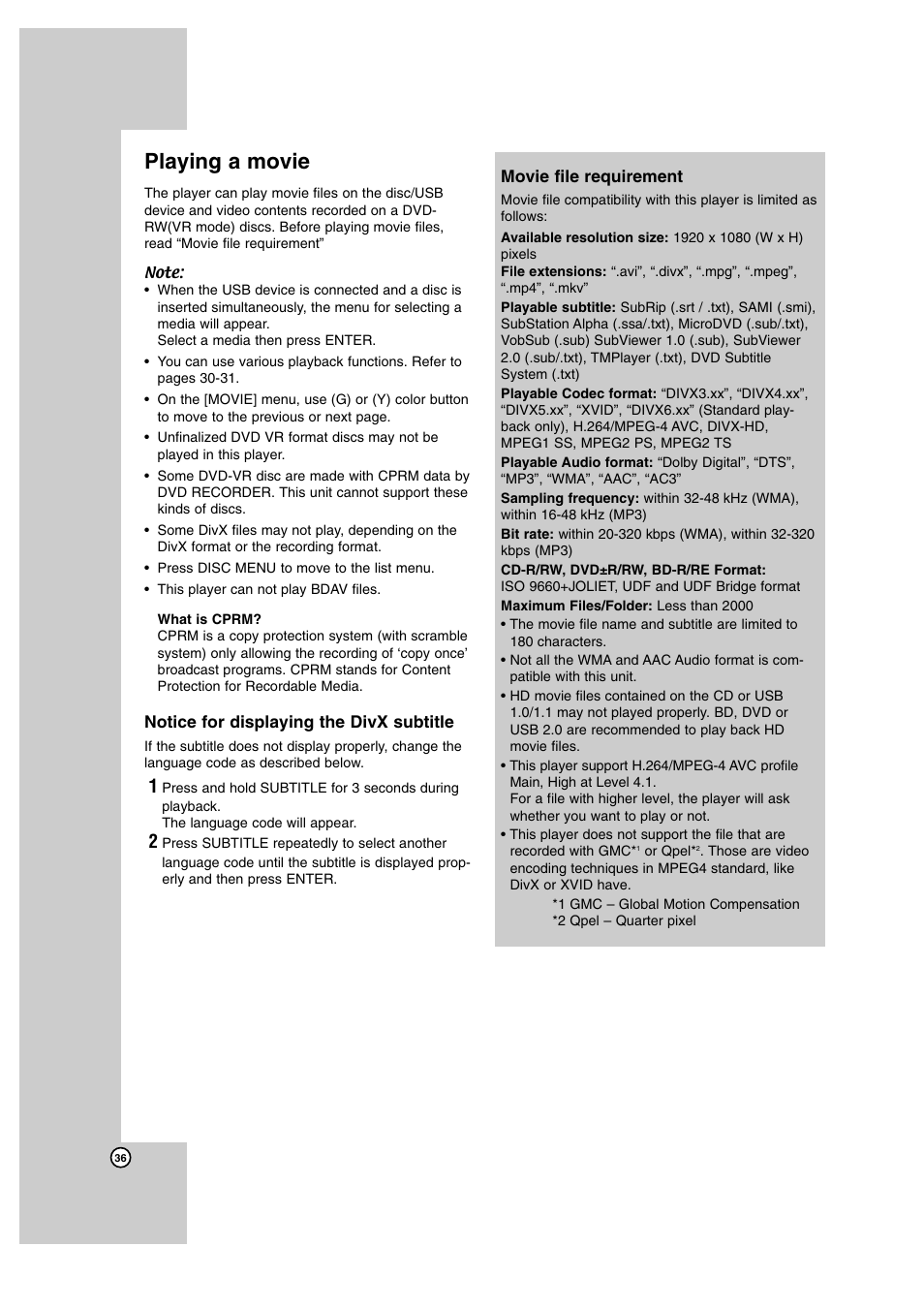Playing a movie, Notice for displaying the divx subtitle | JVC SP-THBD50W User Manual | Page 36 / 48