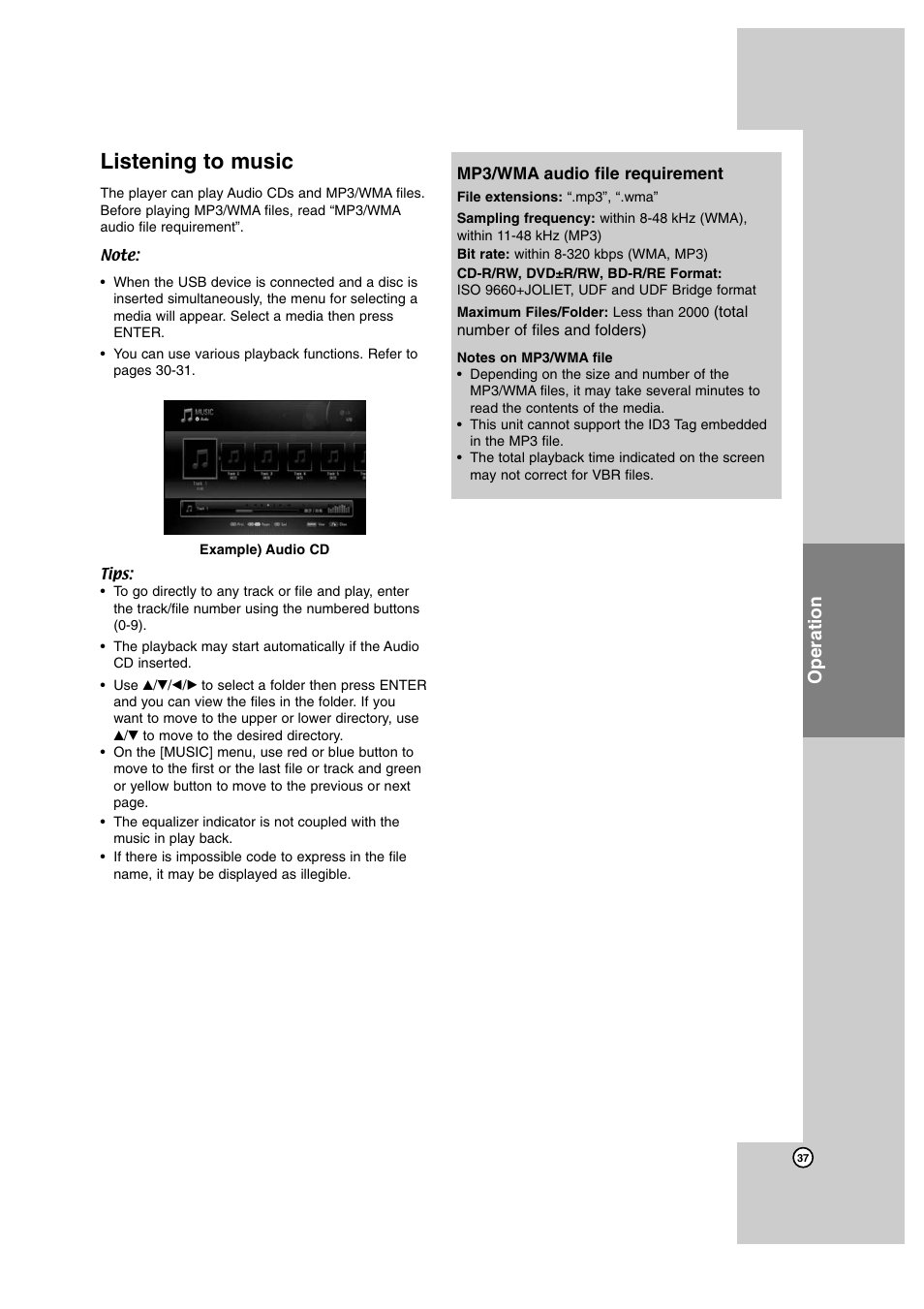 Listening to music, Operation | JVC SP-THBD50W User Manual | Page 37 / 48