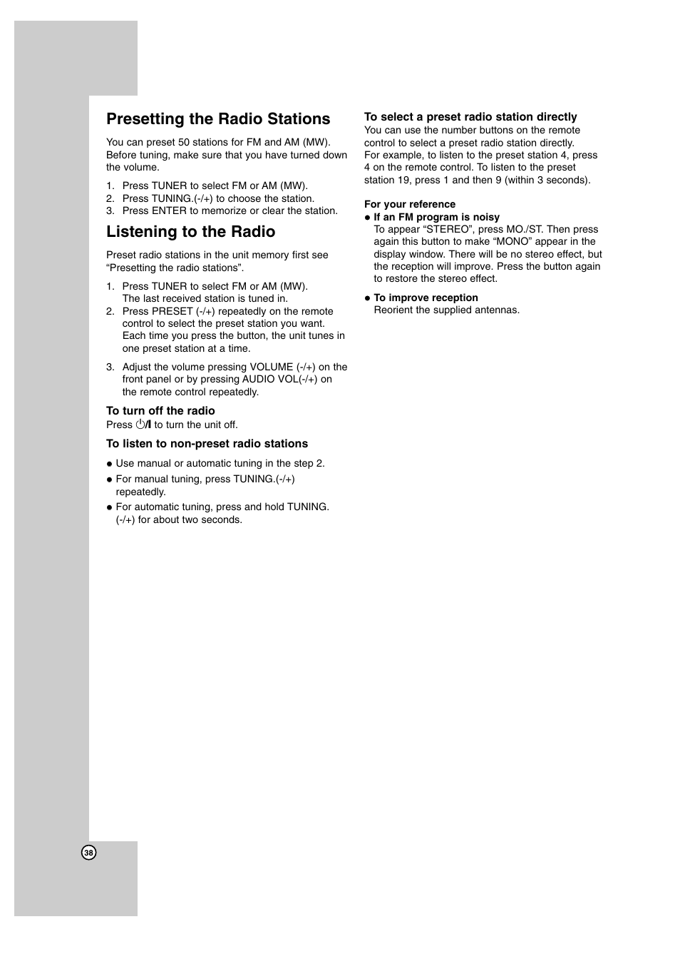 Presetting the radio stations, Listening to the radio | JVC SP-THBD50W User Manual | Page 38 / 48