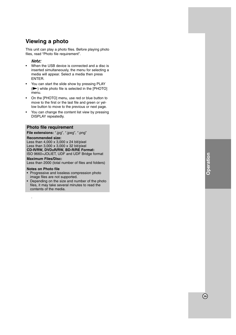 Viewing a photo, Operation | JVC SP-THBD50W User Manual | Page 39 / 48