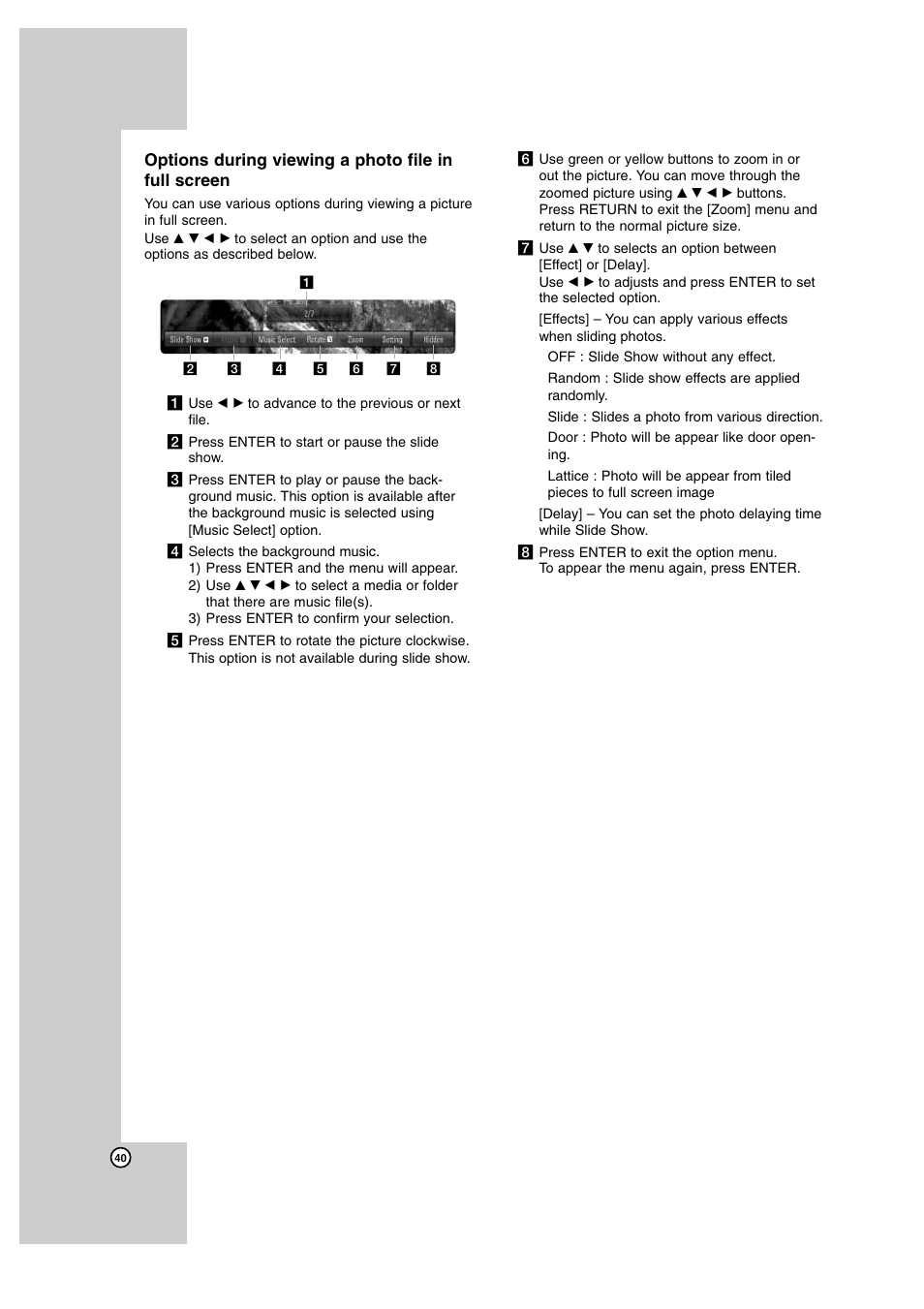 Options during viewing a photo file in full screen | JVC SP-THBD50W User Manual | Page 40 / 48