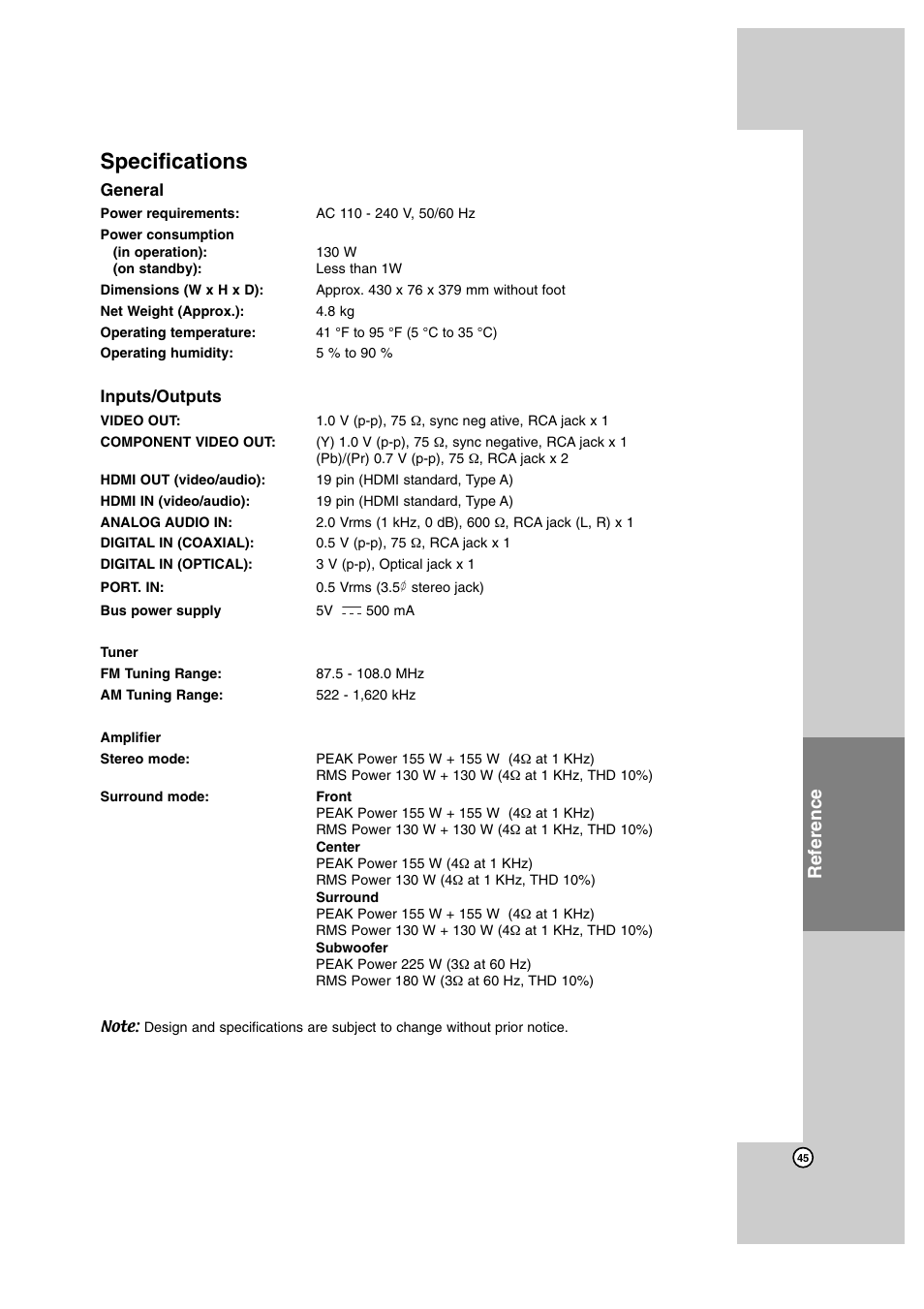 Specifications, Reference | JVC SP-THBD50W User Manual | Page 45 / 48