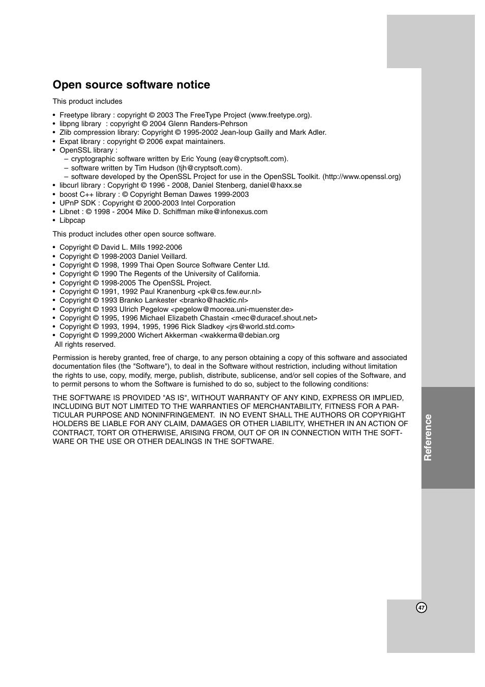 Open source software notice, Reference | JVC SP-THBD50W User Manual | Page 47 / 48
