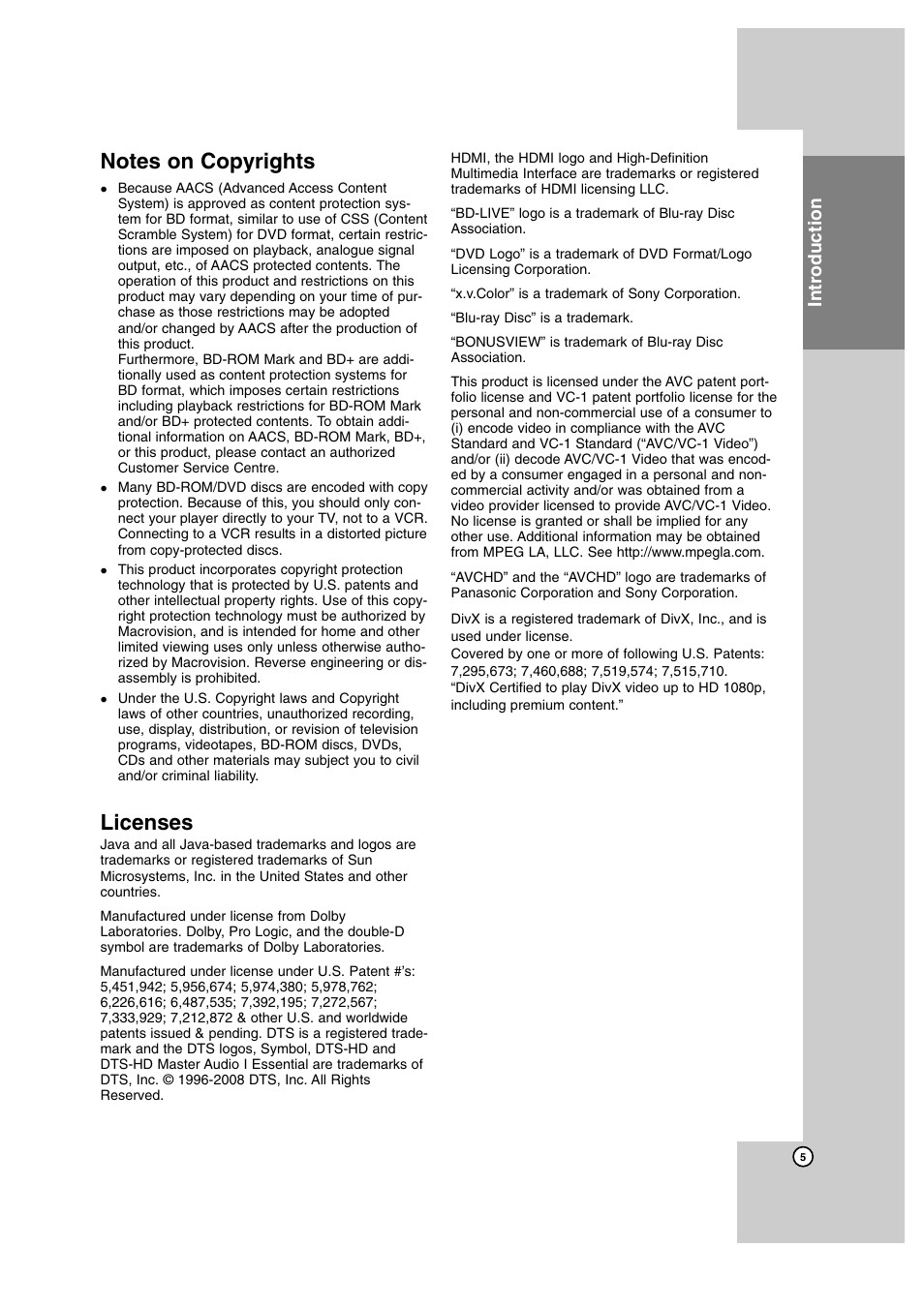 Licenses, Introduction | JVC SP-THBD50W User Manual | Page 5 / 48