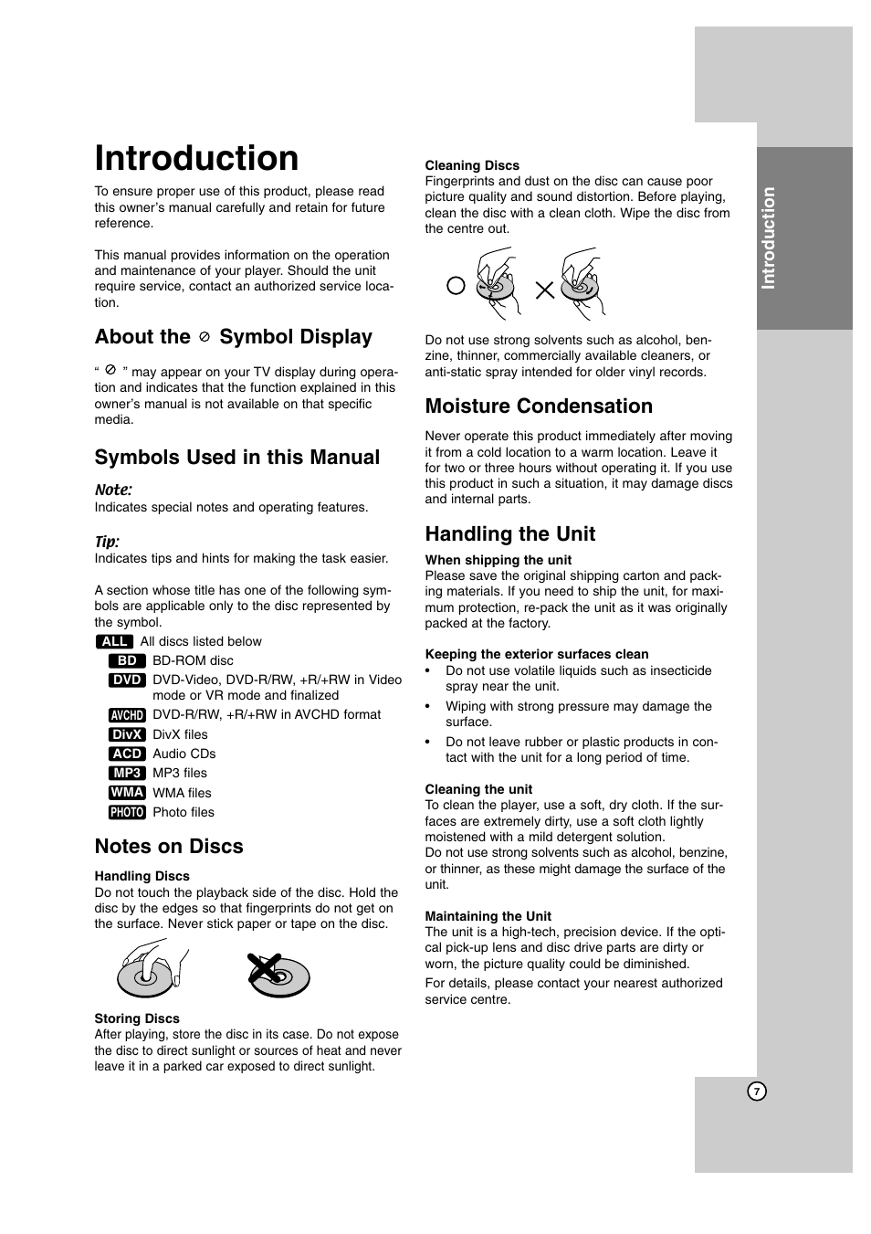 Introduction, About the symbol display, Symbols used in this manual | Notes on discs, Moisture condensation, Handling the unit | JVC SP-THBD50W User Manual | Page 7 / 48