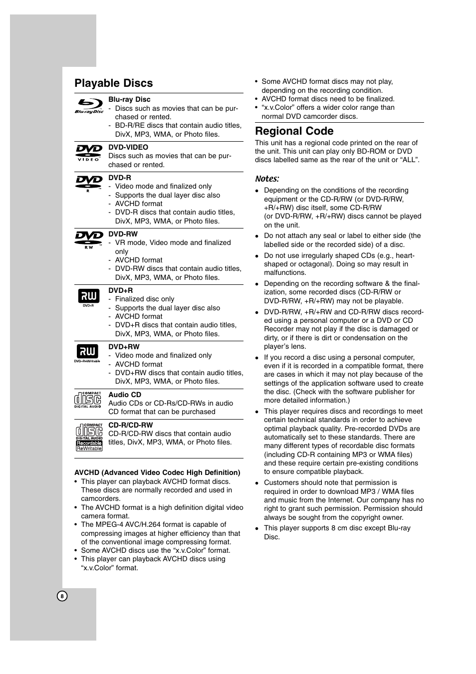 Playable discs, Regional code | JVC SP-THBD50W User Manual | Page 8 / 48