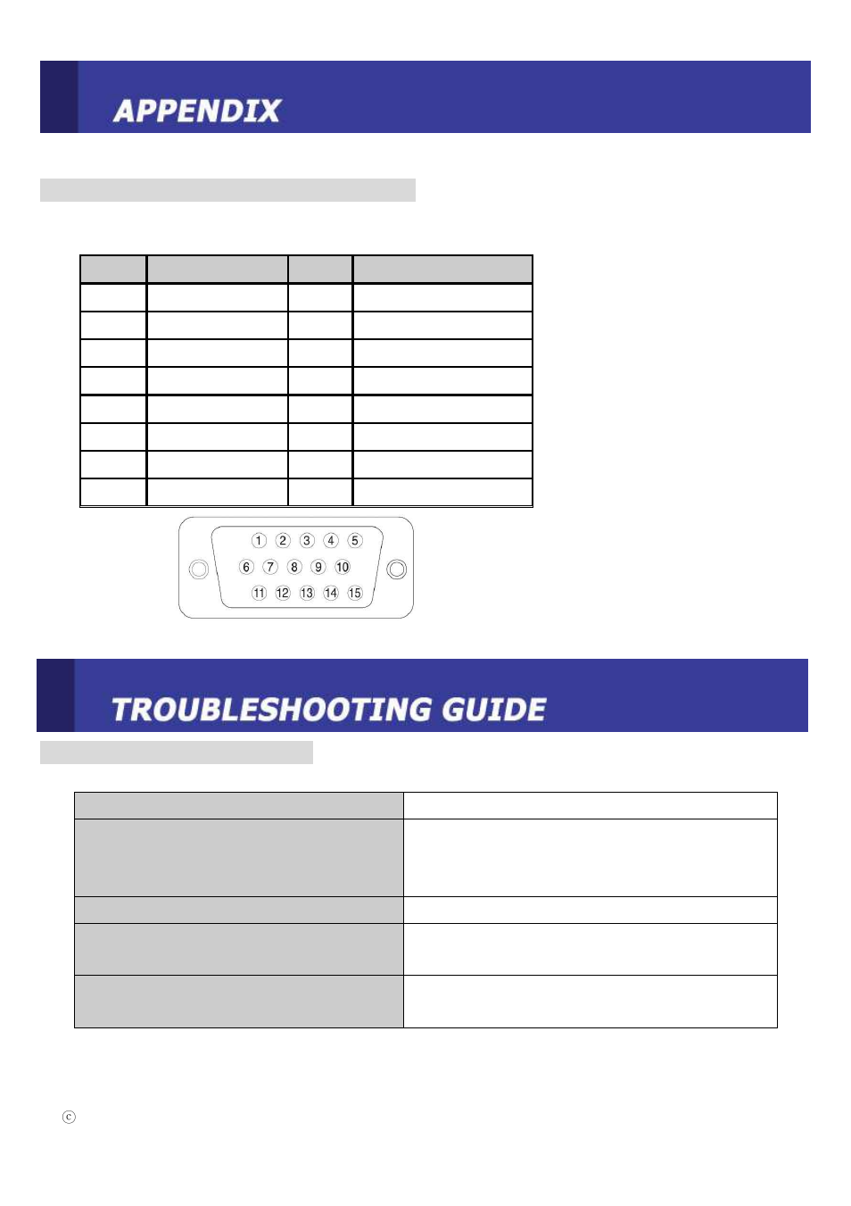 Troubleshooting guide, D-sub connector pin assigments | JVC MA-LMU179V User Manual | Page 16 / 16