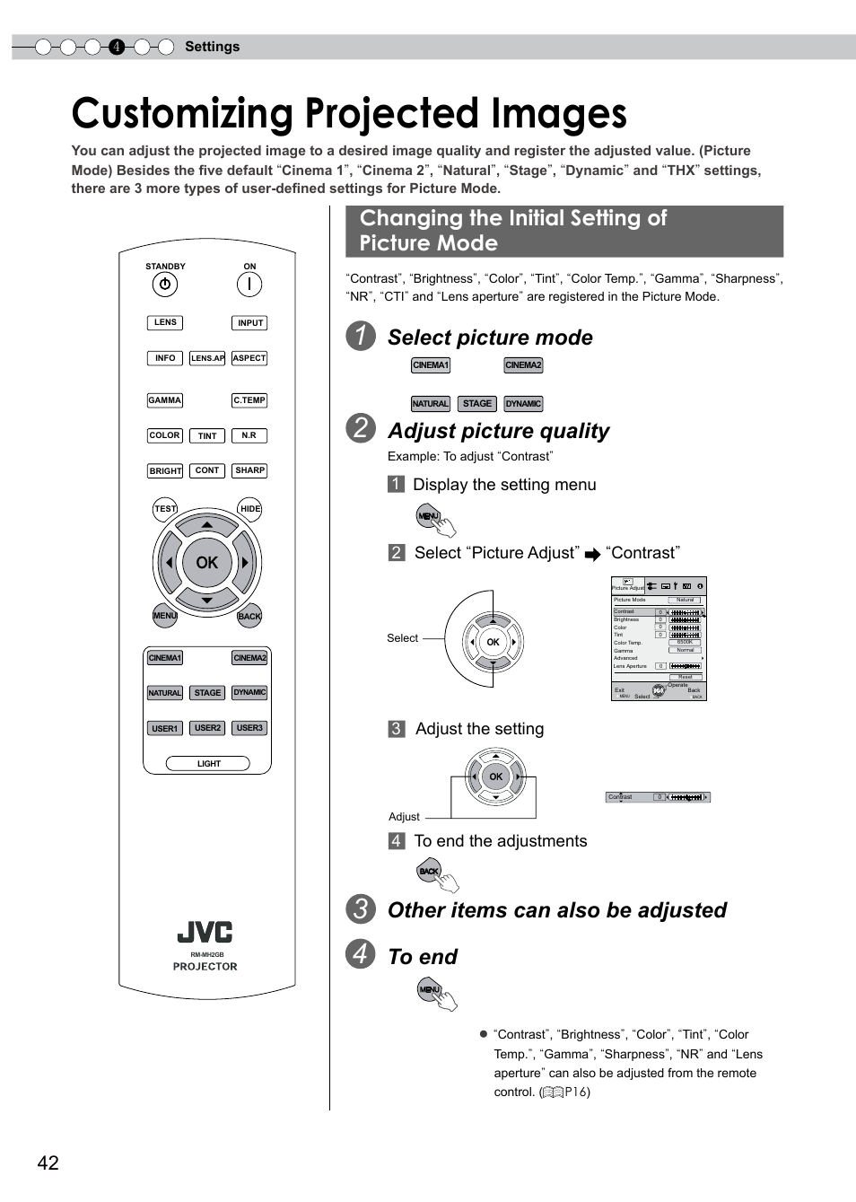 Customizing projected images, Changing the initial setting of picture mode, Changing the initial setting of picture mode .42 | O set gamma, O adjust color density, O adjust brightness, O adjust sharpness, O adjust contrast, O adjust color temperature, O switch picture mode | JVC DLA-RS0 User Manual | Page 102 / 120