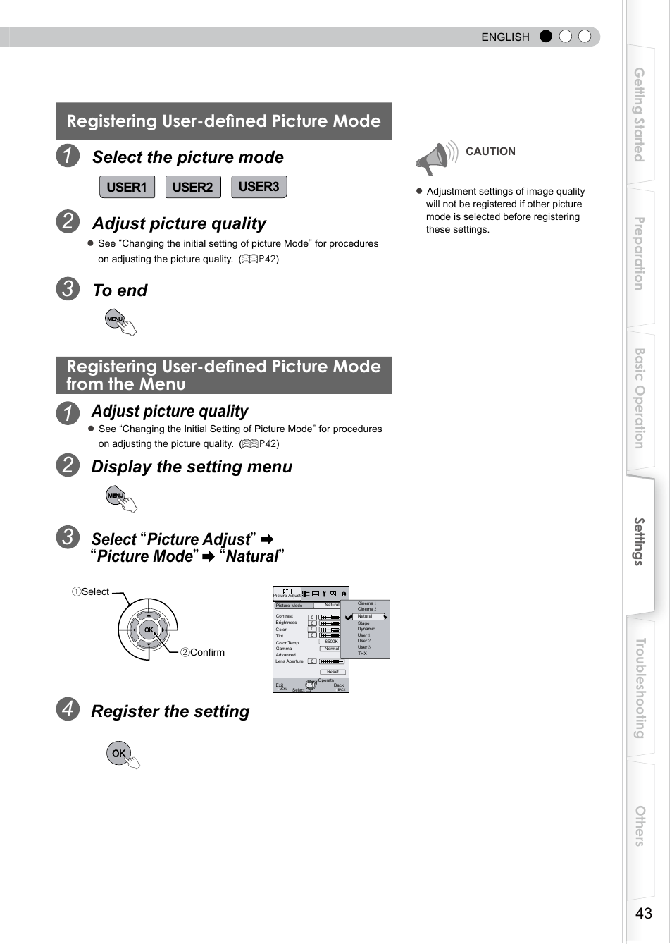 Registering user-defined picture mode, Select the picture mode, Adjust picture quality | Display the setting menu, Register the setting | JVC DLA-RS0 User Manual | Page 103 / 120