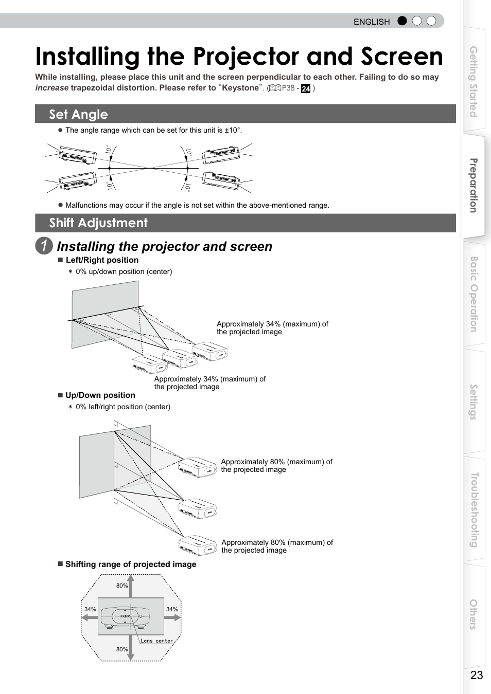 Installing the projector and screen, Set angle, Shift adjustment | Shift function | JVC DLA-RS0 User Manual | Page 23 / 120