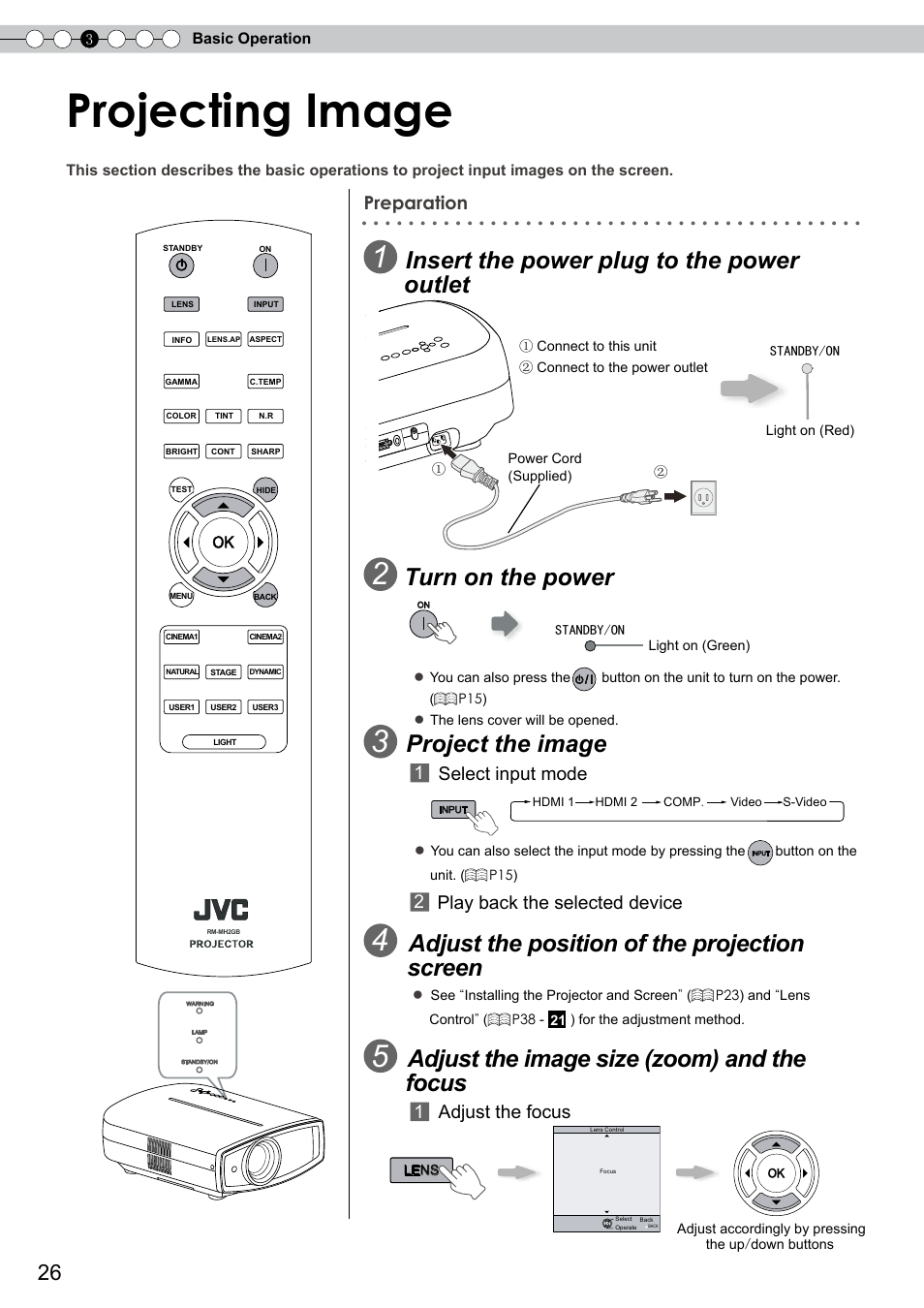 Projecting image, O connect the power cord, O control lens | O select input mode, Exit menu, Insert the power plug to the power outlet, Turn on the power, Project the image, Adjust the position of the projection screen, Adjust the image size (zoom) and the focus | JVC DLA-RS0 User Manual | Page 26 / 120
