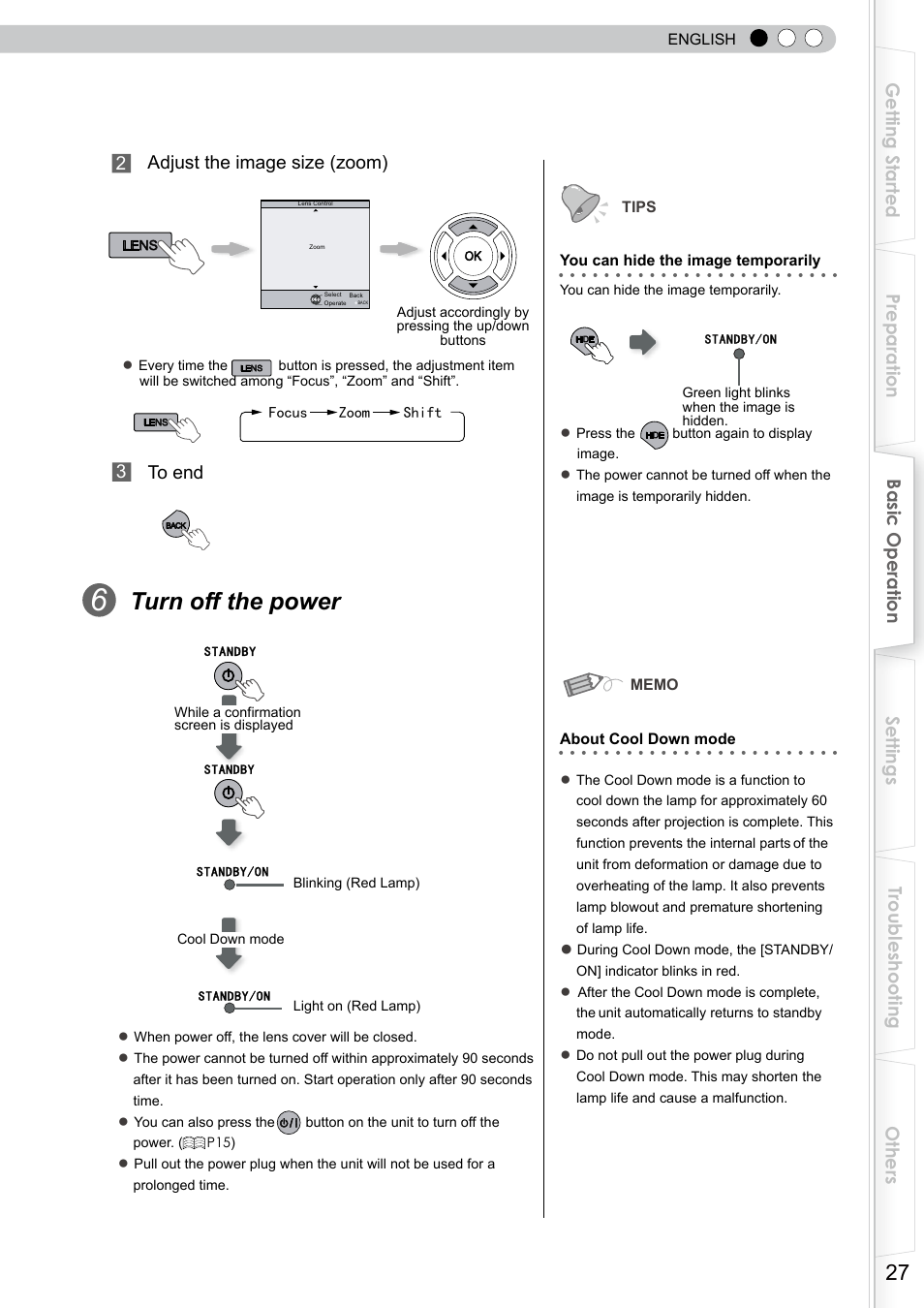 O hide the image temporarily, Exit menu, Turn off the power | JVC DLA-RS0 User Manual | Page 27 / 120