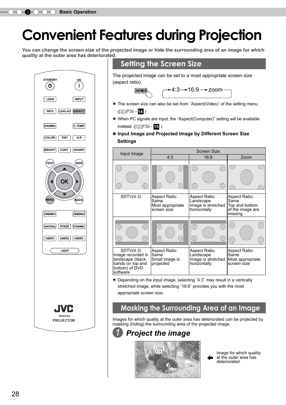 Convenient features during projection, Setting the screen size, Masking the surrounding area of an image | O set the screen size, Project the image | JVC DLA-RS0 User Manual | Page 28 / 120