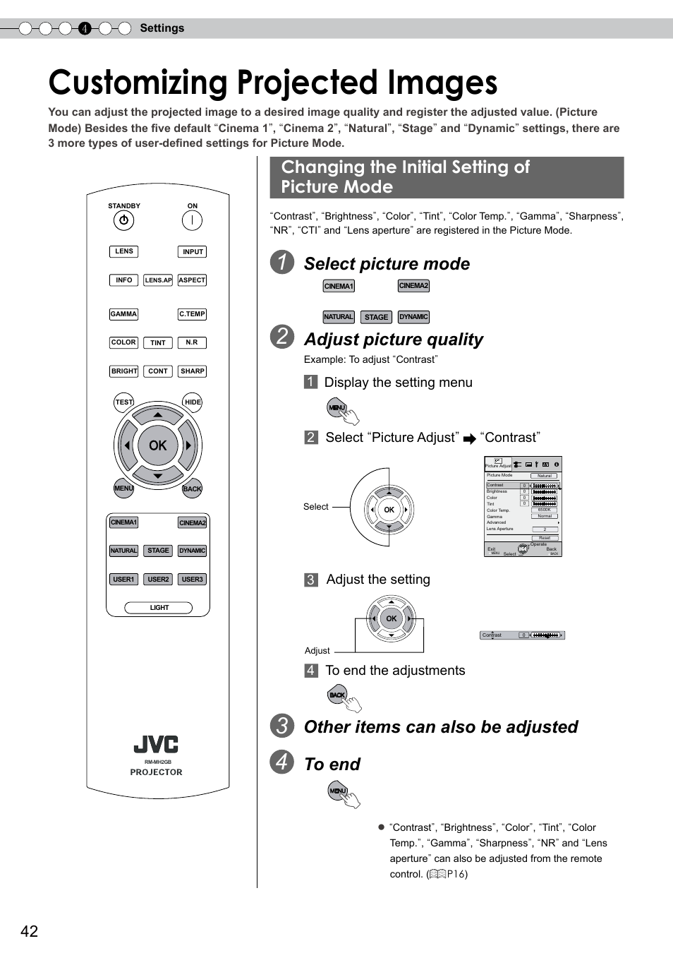 Changing the initial setting of picture mode, Customizing projected images, Changing the initial setting of picture mode .42 | O set gamma, O adjust color density, O adjust brightness, O adjust sharpness, O adjust contrast, O adjust color temperature, O switch picture mode | JVC DLA-RS0 User Manual | Page 42 / 120