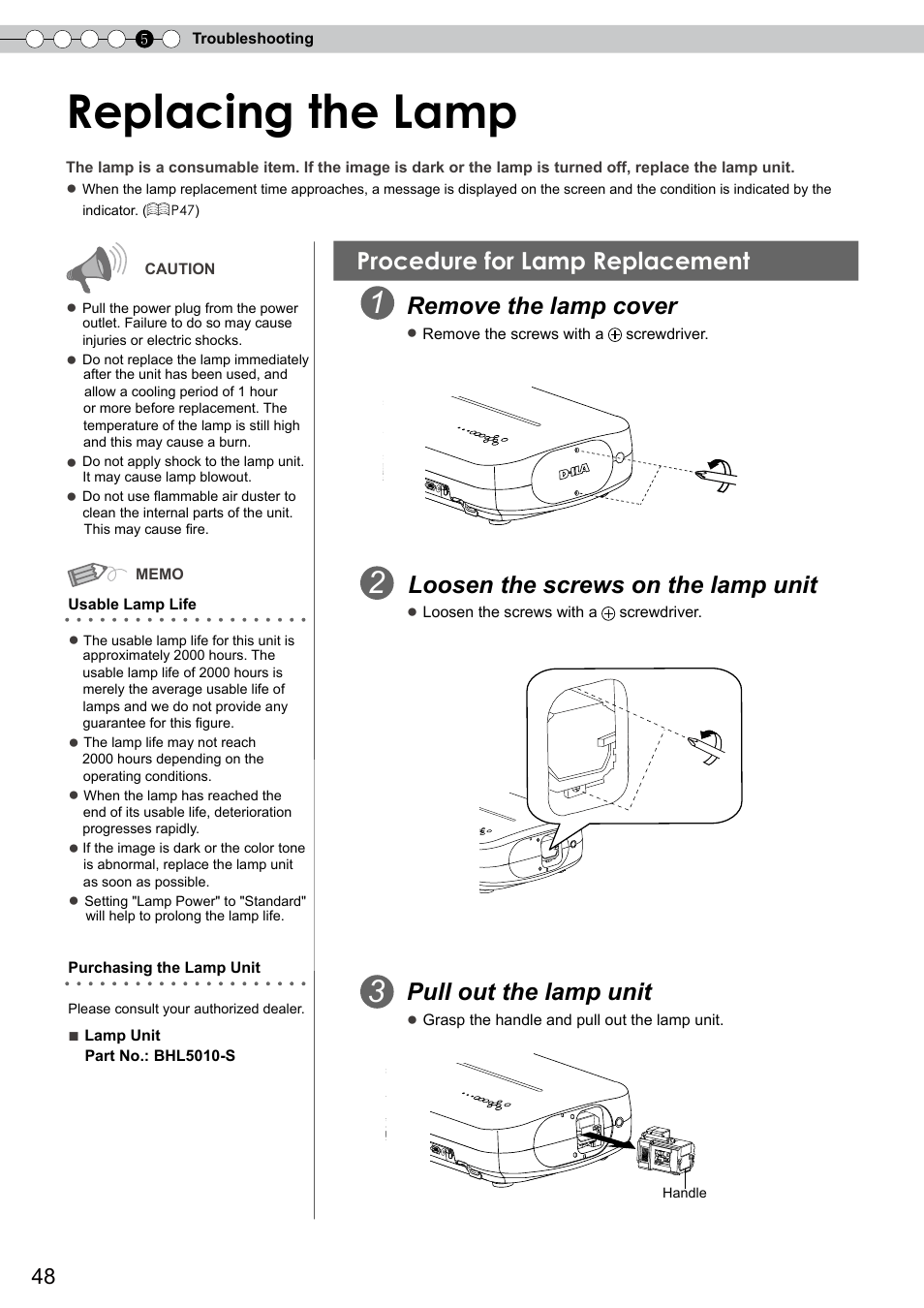 Replacing the lamp, Procedure for lamp replacement, Lamp cover | P48 to 50, Remove the lamp cover, Loosen the screws on the lamp unit, Pull out the lamp unit | JVC DLA-RS0 User Manual | Page 48 / 120