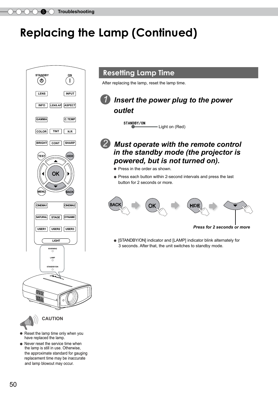 Resetting lamp time, Replacing the lamp (continued), Insert the power plug to the power outlet | JVC DLA-RS0 User Manual | Page 50 / 120