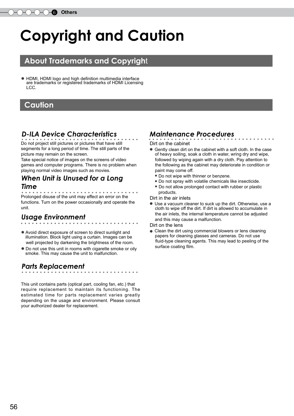 About trademarks and copyright, Caution, Copyright and caution | About trademarks and copyrigh t | JVC DLA-RS0 User Manual | Page 56 / 120