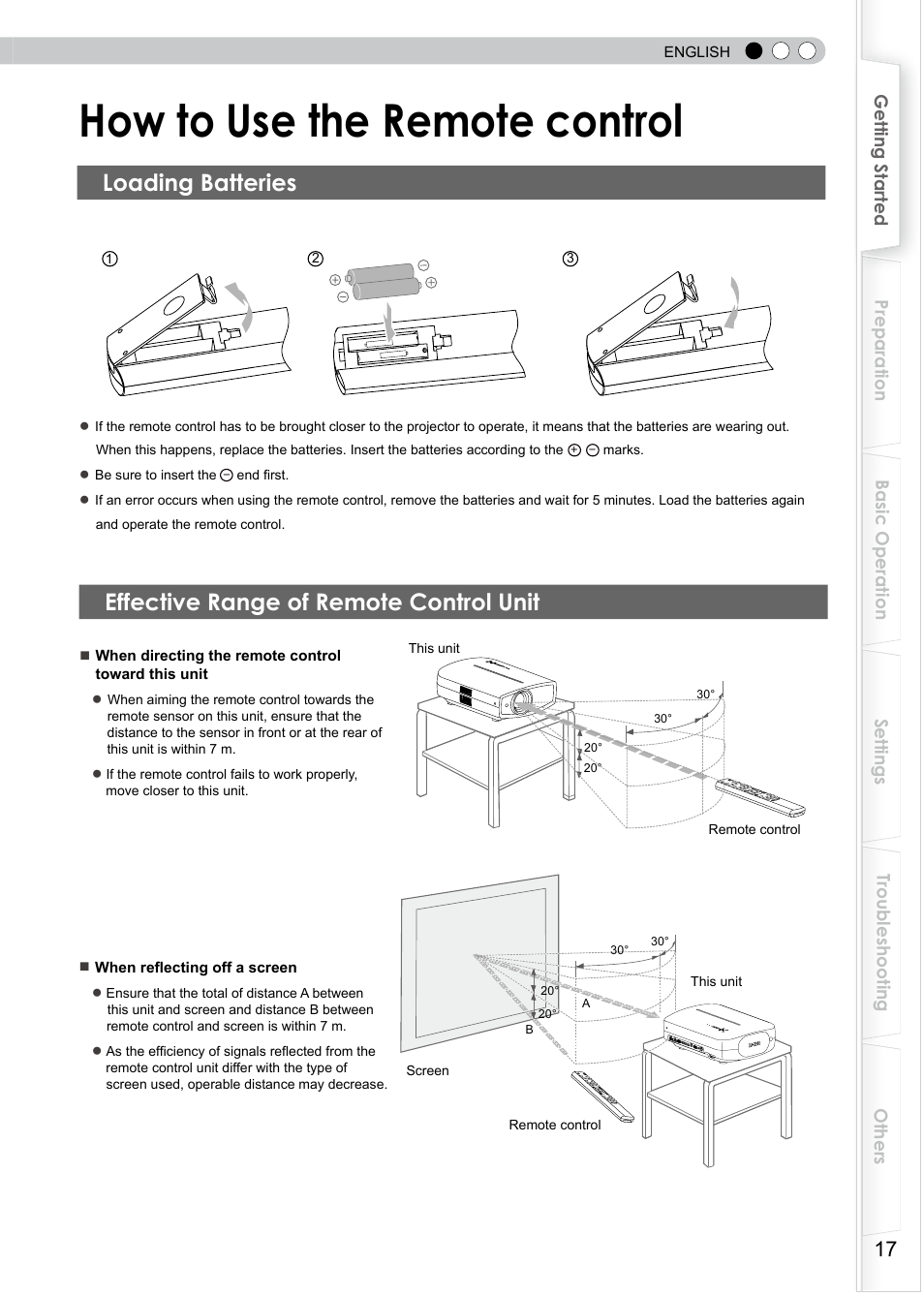 How to use the remote control, Loading batteries, Effective range of remote control unit | Remote sensor | JVC DLA-RS0 User Manual | Page 77 / 120