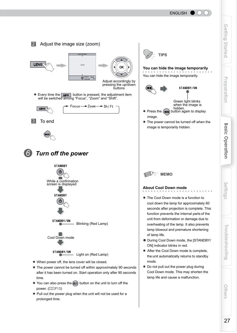 O hide the image temporarily, Exit menu, Turn off the power | JVC DLA-RS0 User Manual | Page 87 / 120