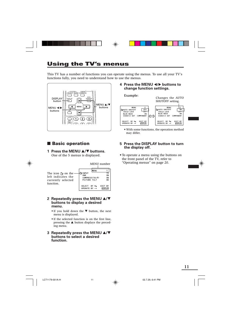 Using the tv’s menus, Basic operation, 4 press the menu | Buttons to change function settings, 5 press the display button to turn the display off, 1 press the menu t buttons | JVC LCT1179-001A-H User Manual | Page 11 / 46